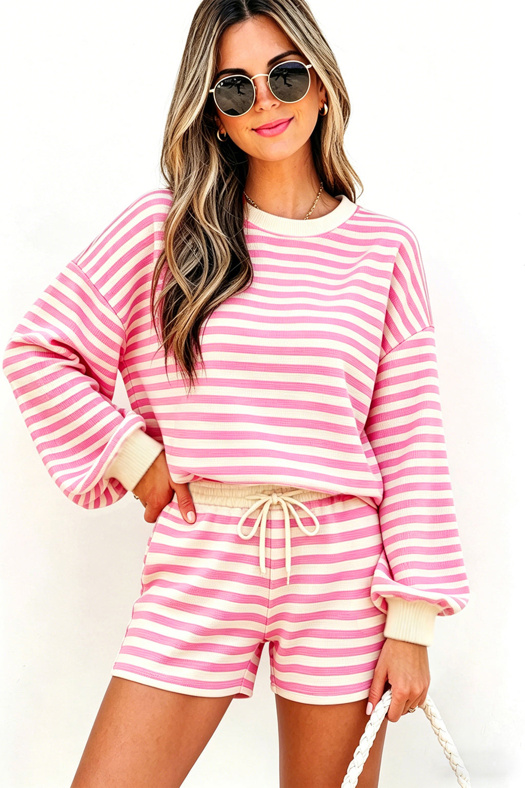 Pink Striped Long Sleeve Shorts Set