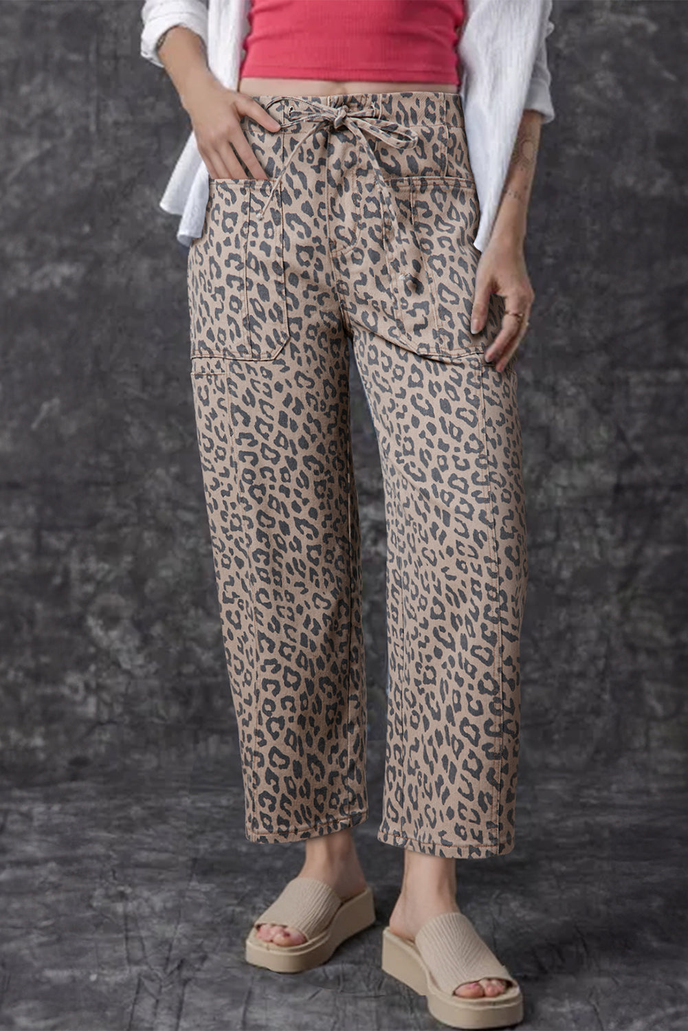 Leopard Printed Drawstring Pocketed Barrel Jeans