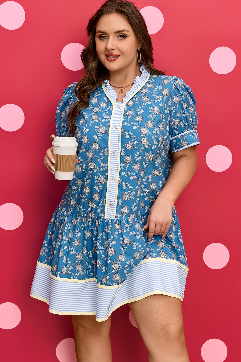 Blue Plus Size Floral Print Ruffle Hem Dress