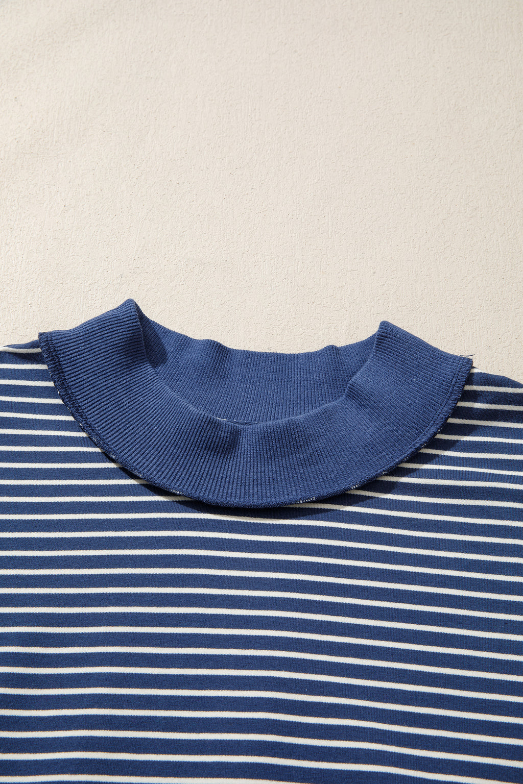 Blue Stripe Ribbed Patchwork Mock Neck Baggy Pullover Matching Shorts Set