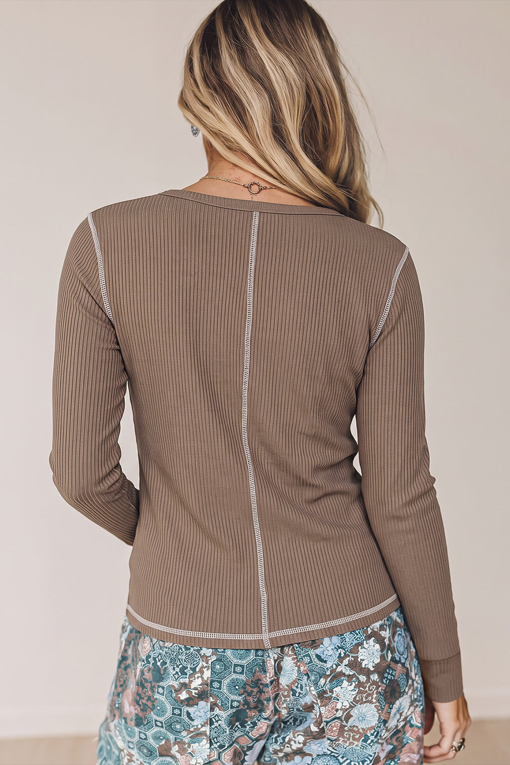 Peacock Blue V Neck Ribbed Stitched Detail Long Sleeve Top