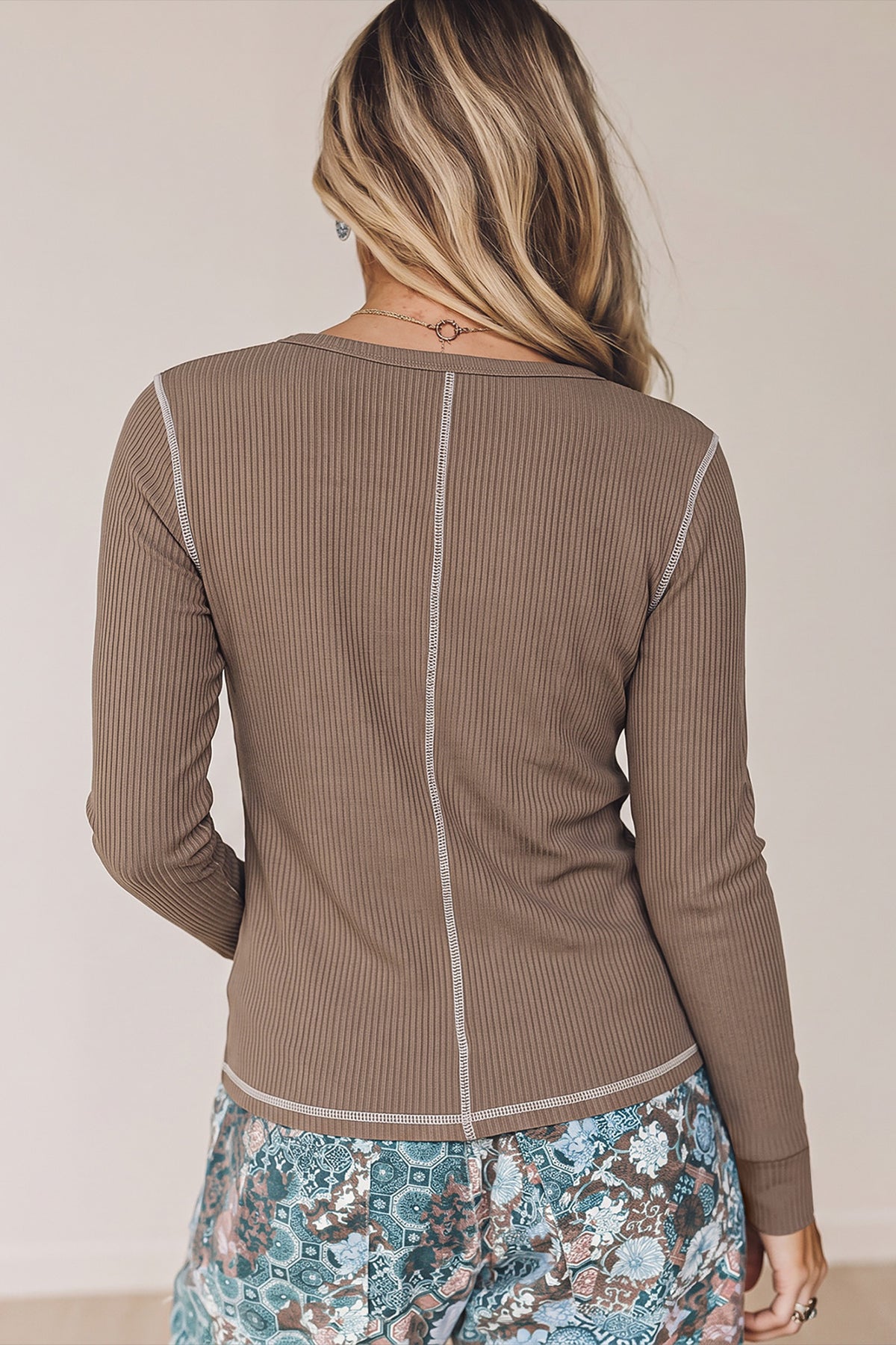 Peacock Blue V Neck Ribbed Stitched Detail Long Sleeve Top
