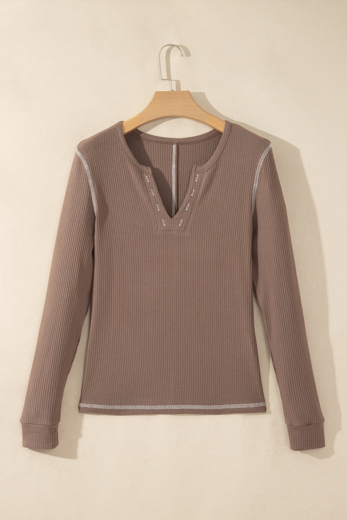 Peacock Blue V Neck Ribbed Stitched Detail Long Sleeve Top