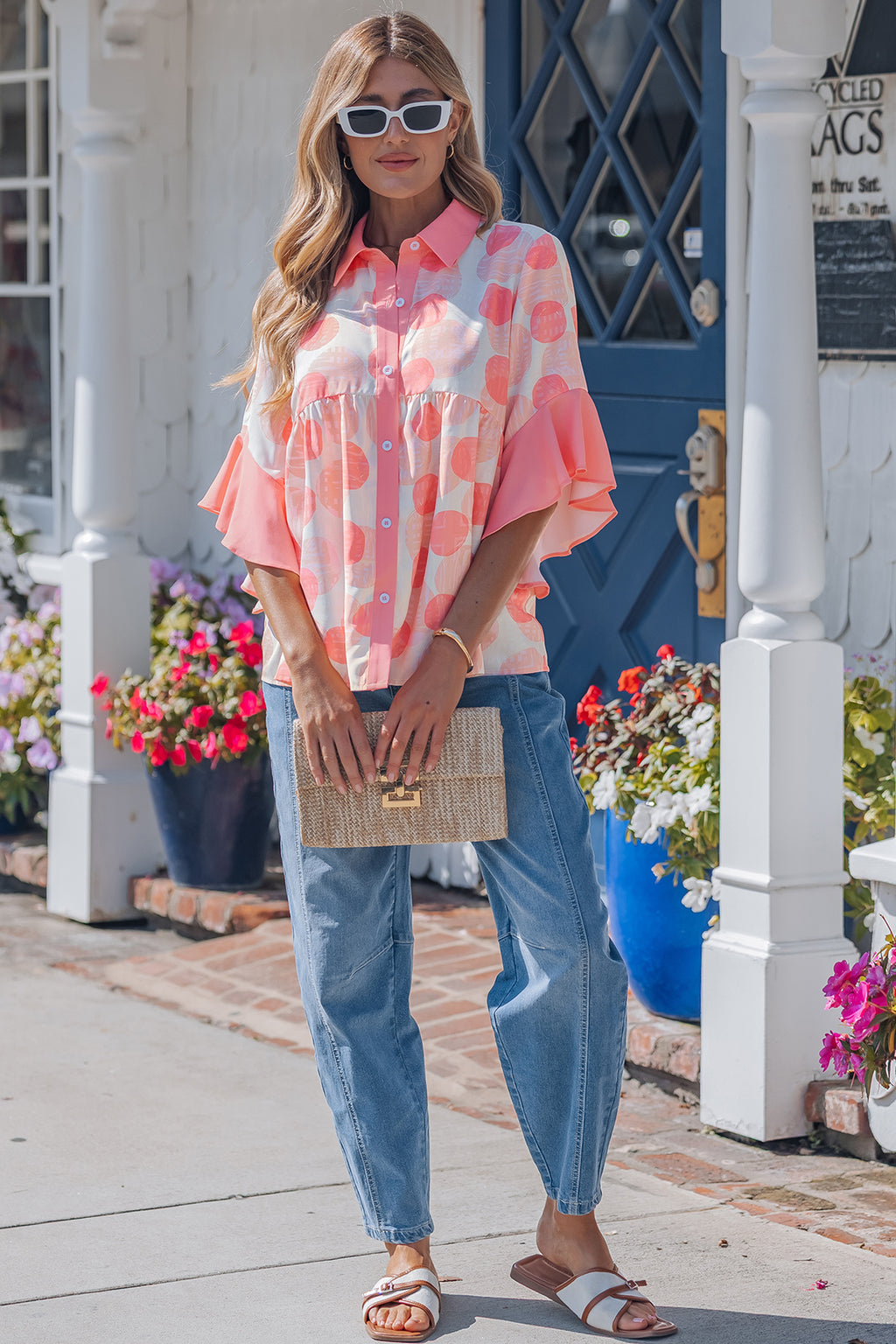Pink Double Polka Dot Printed Babydoll Shirt