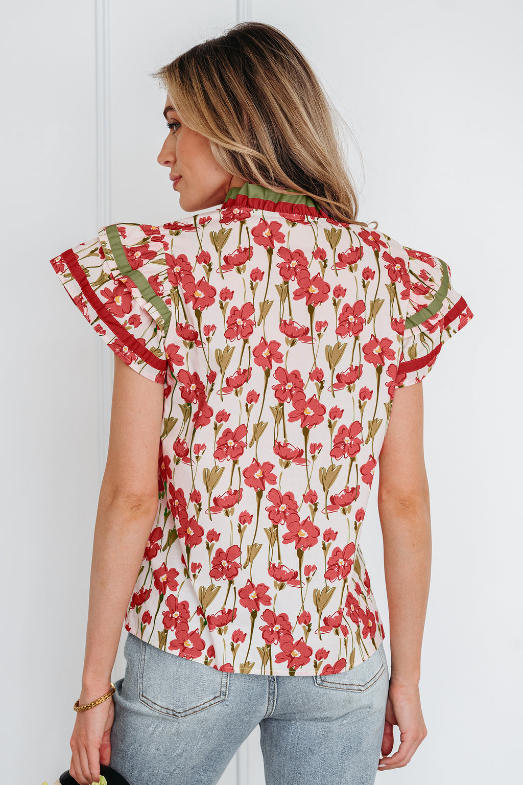 Pink Floral Print Contrast Trim V Neck Double Ruffled Short Sleeve Blouse