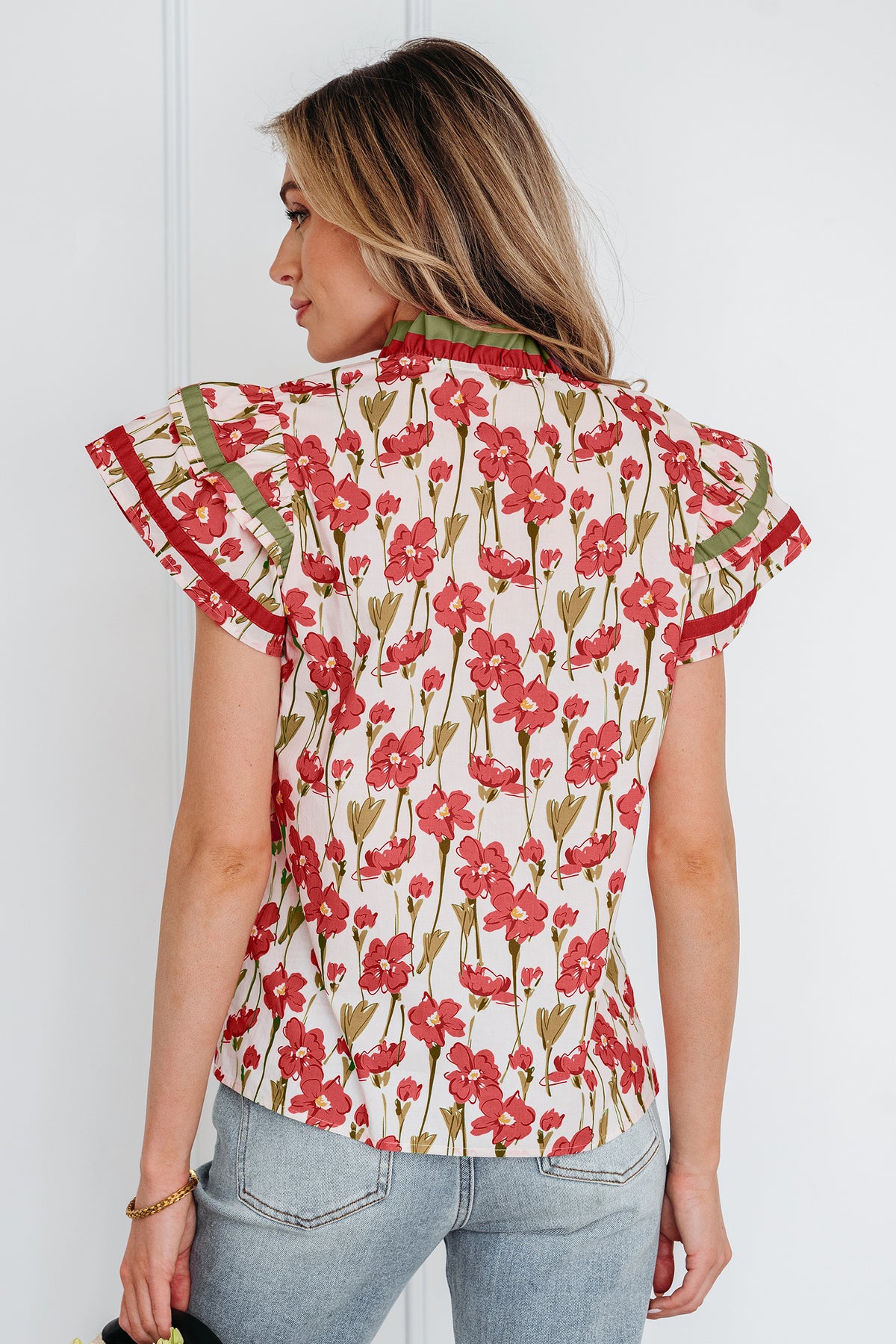 Pink Floral Print Contrast Trim V Neck Double Ruffled Short Sleeve Blouse