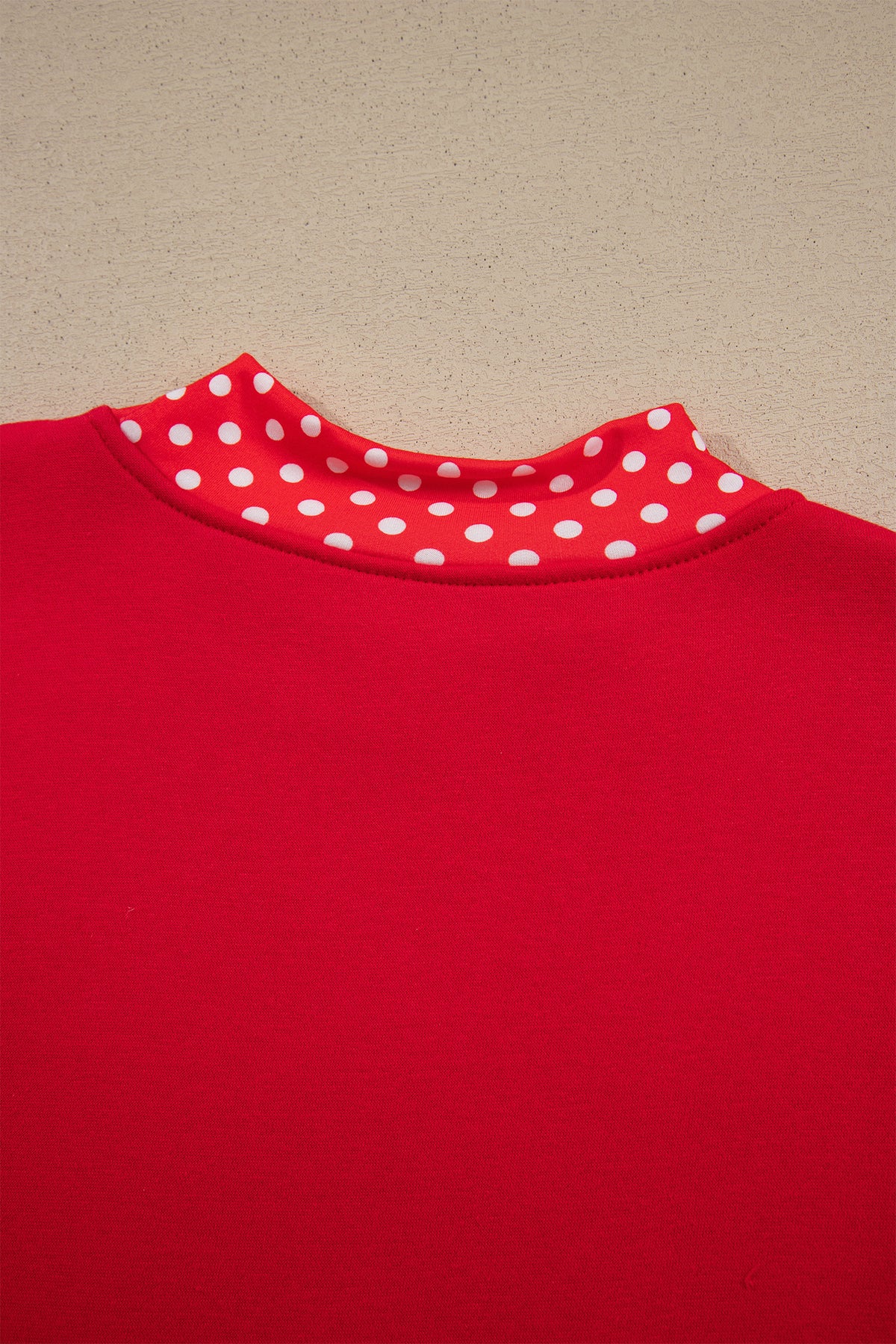 Fiery Red Polka Dot Letter Print Contrast Trim Mock Neck Sweatshirt