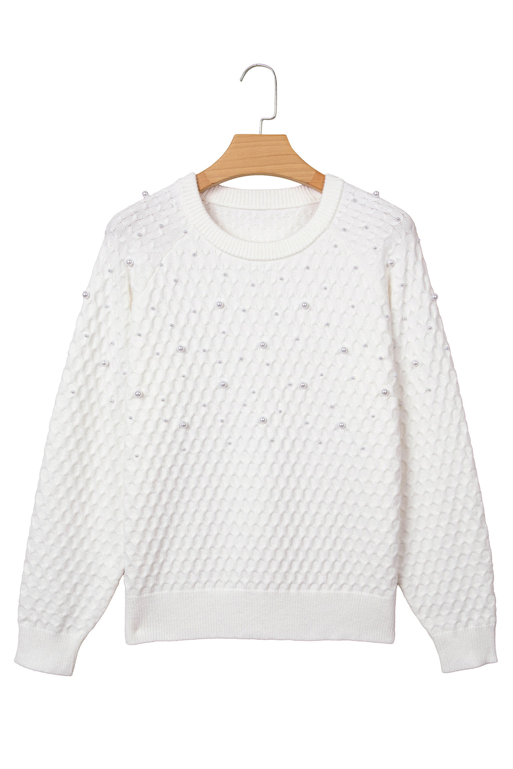 White Solid Textured Knit Pearl Embellished Pullover Sweater