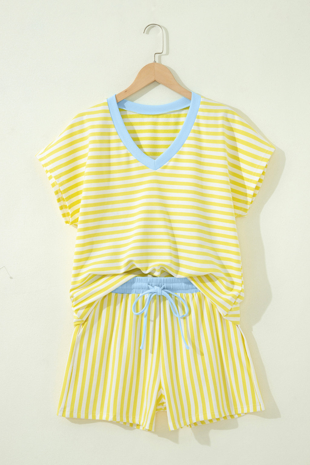 Green Stripe Colorblock Trim V Neck Tee Drawstring Elastic Waist Short Set