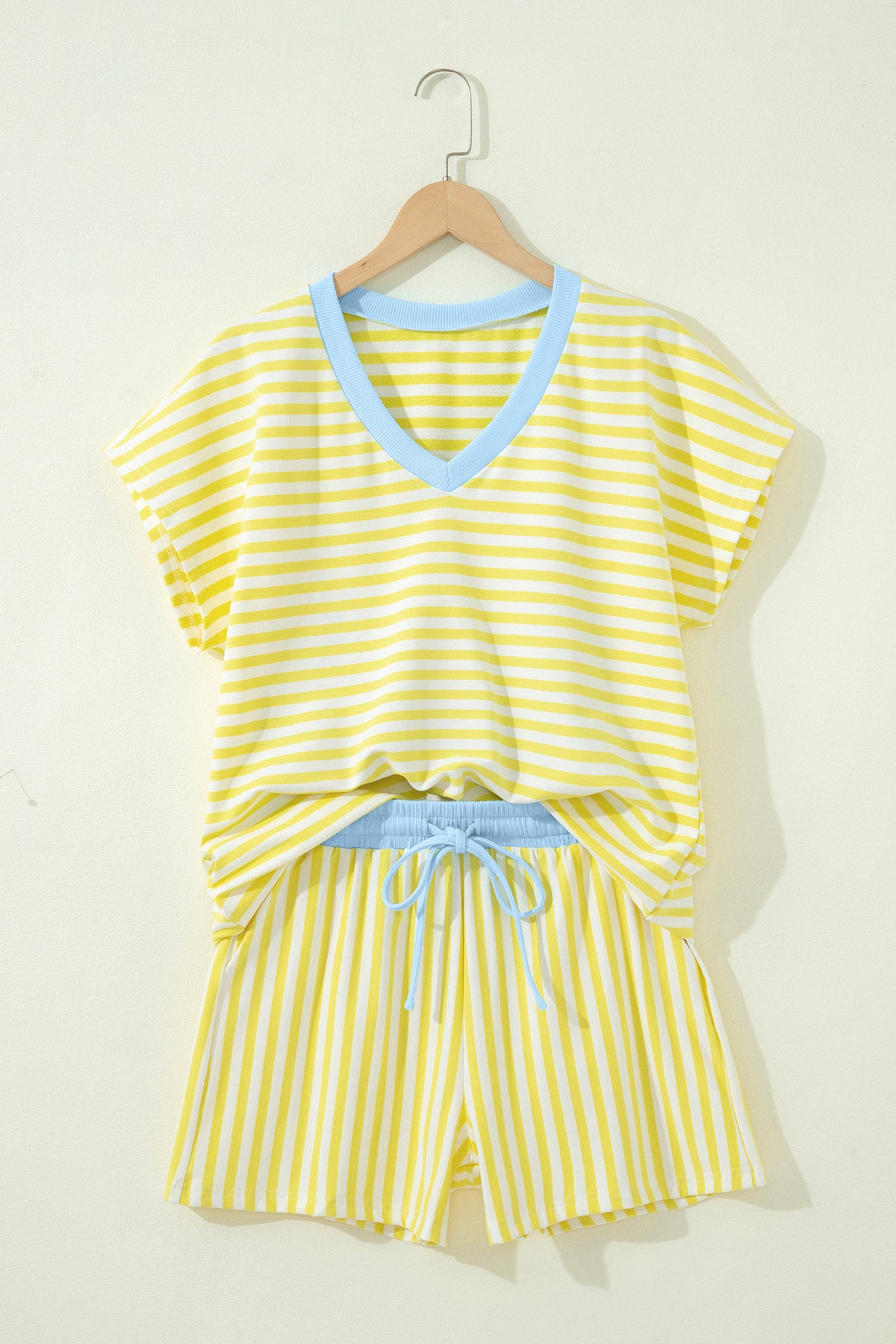 Green Stripe Colorblock Trim V Neck Tee Drawstring Elastic Waist Short Set