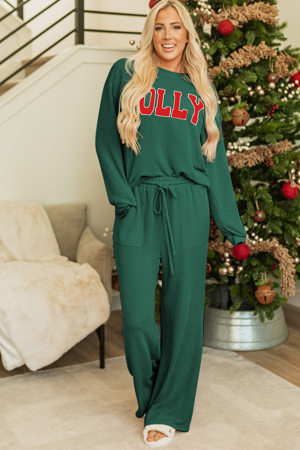 Green JOLLY Long Sleeve Top and Pockets Pants Set