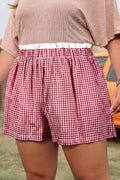 Pink Contrast Trim Plaid Print Plus Size Shorts
