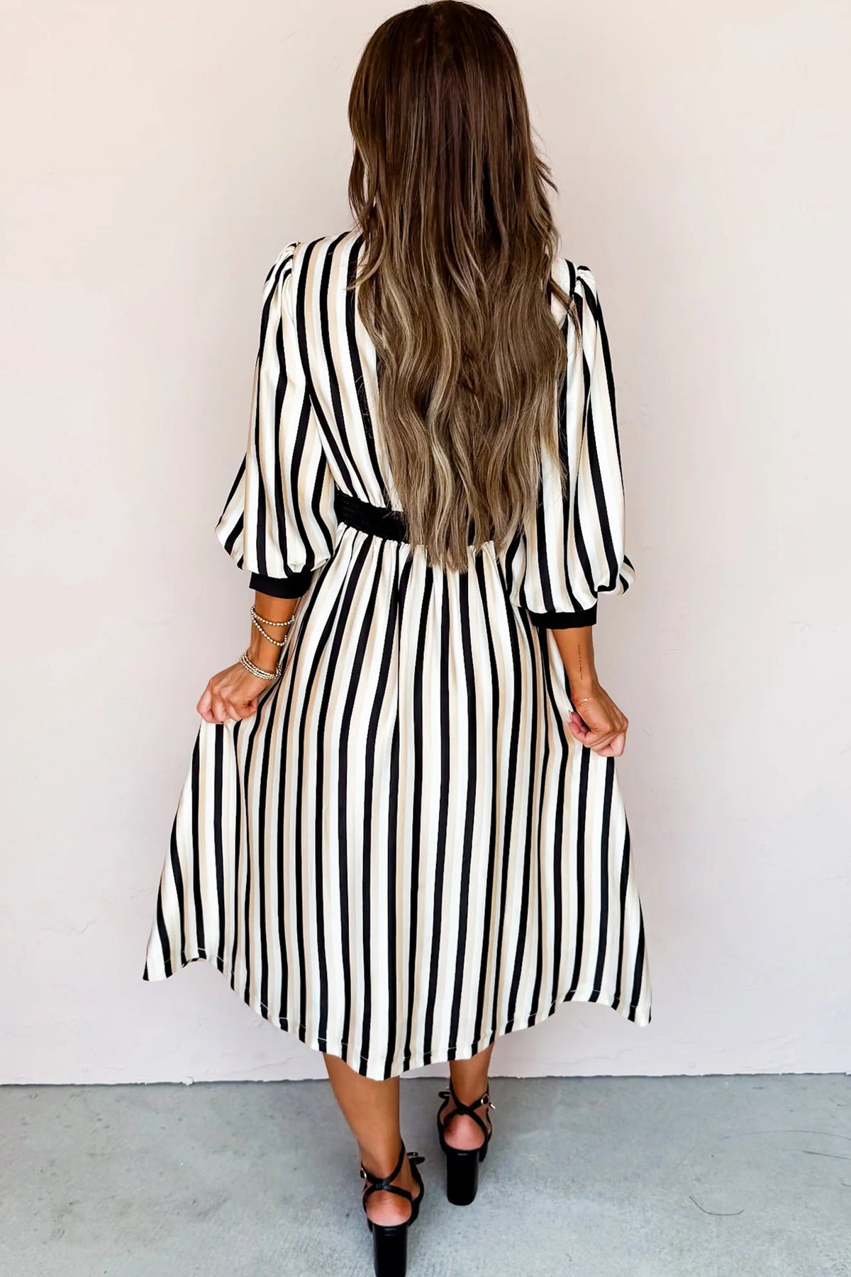Black Stripe 3/4 Puff Sleeve Shirt Style Button Down Midi Dress