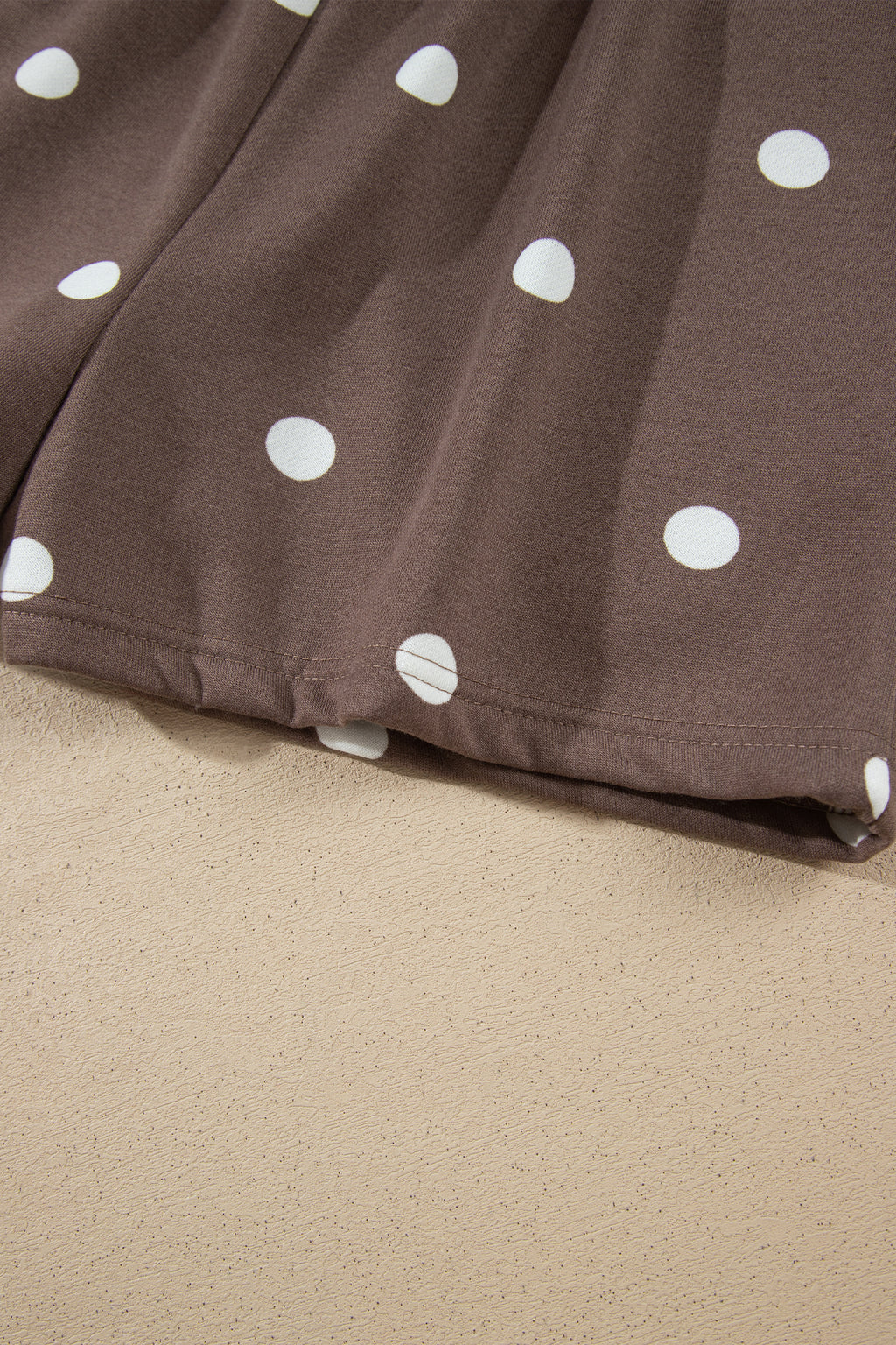 Brown Polka Dot Ribbed Trim Long Sleeve Top Casual Short Set
