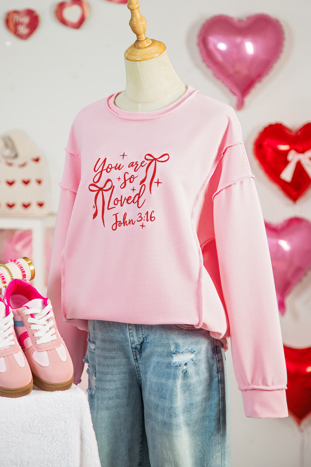 Pink you are so loved Valentines Day Embroidered Graphic Top
