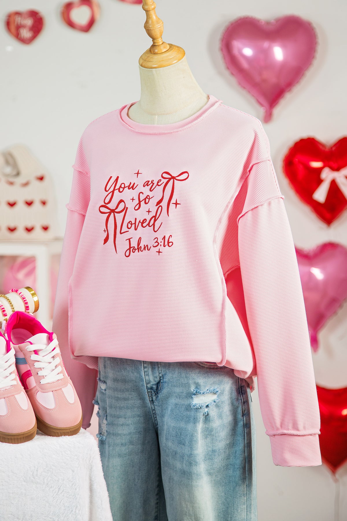 Pink you are so loved Valentines Day Embroidered Graphic Top
