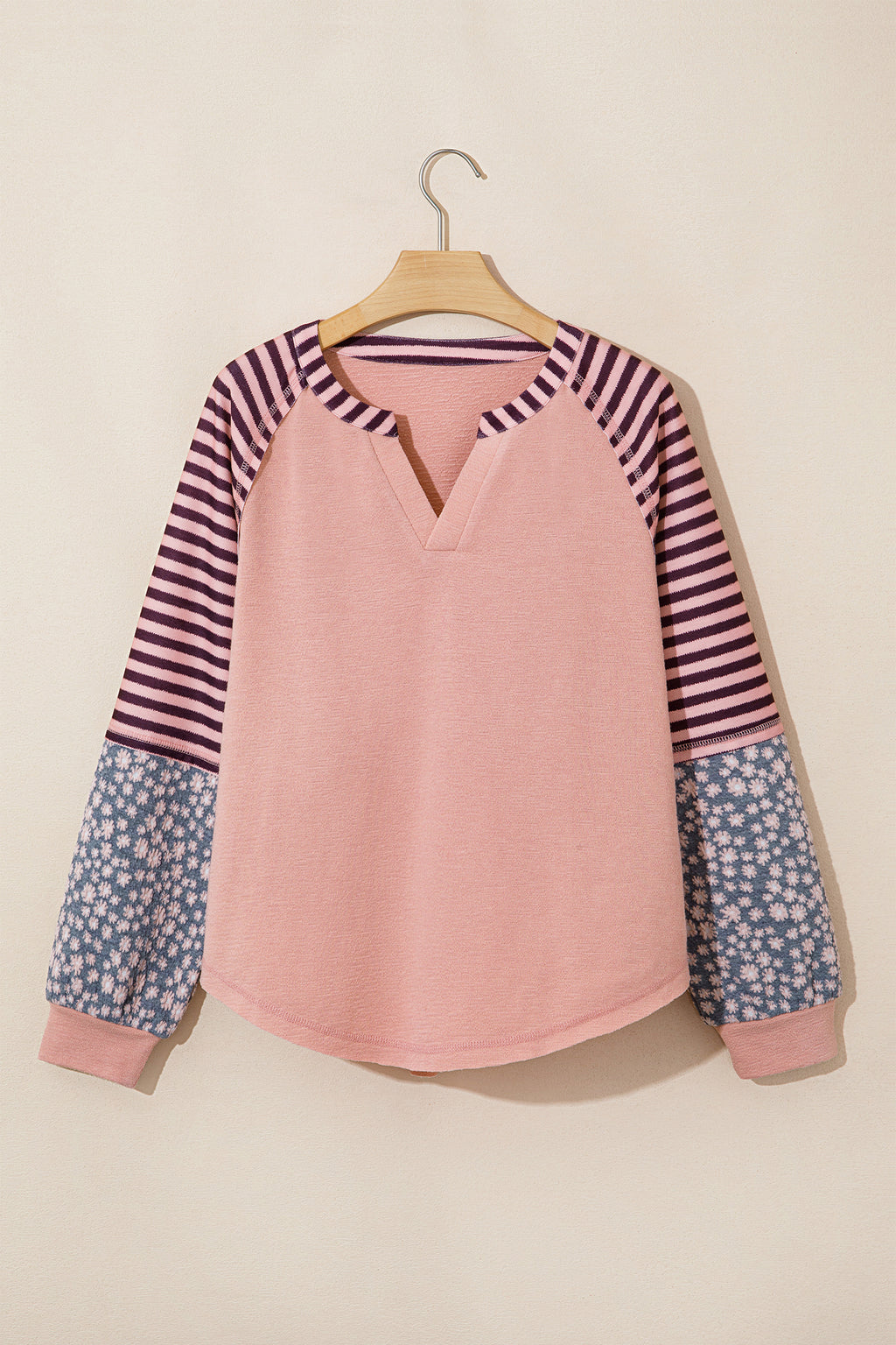 Light Pink Striped Floral Long Sleeve Casual Top
