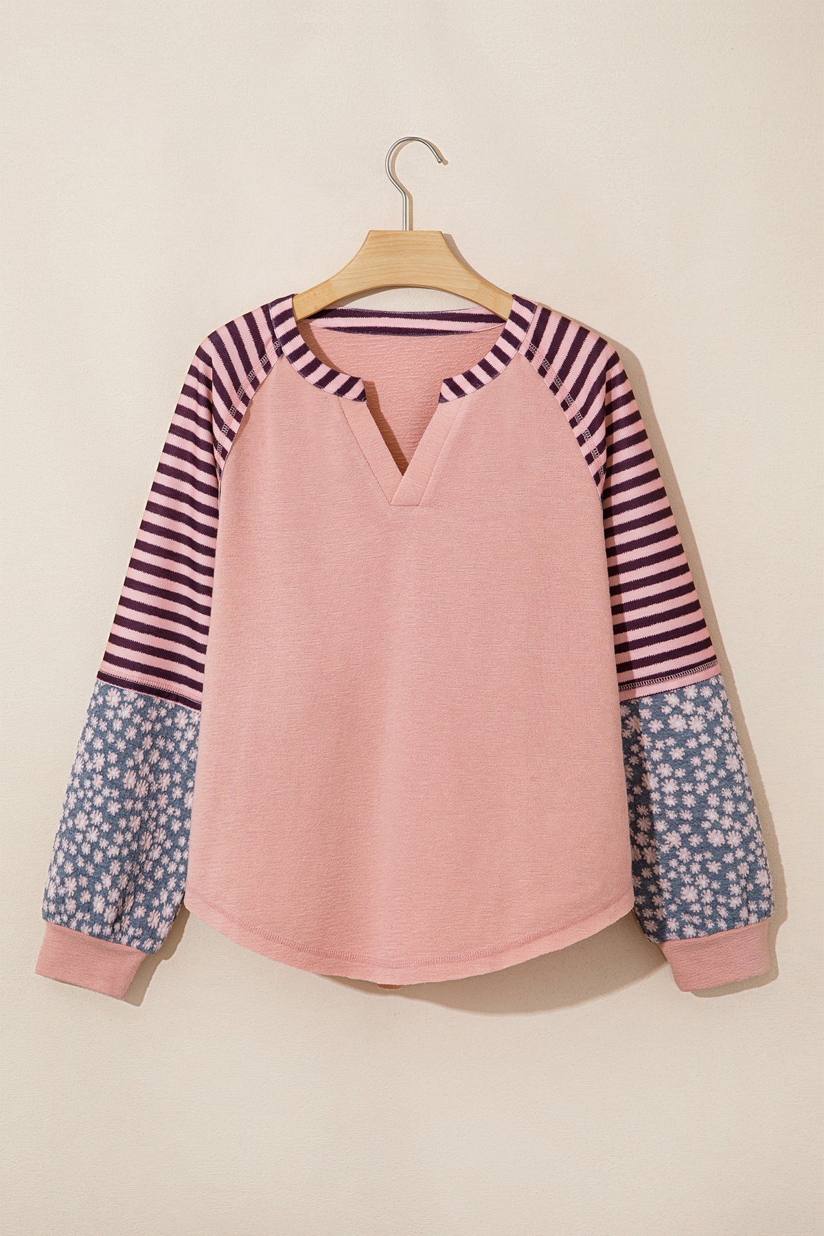 Light Pink Striped Floral Long Sleeve Casual Top