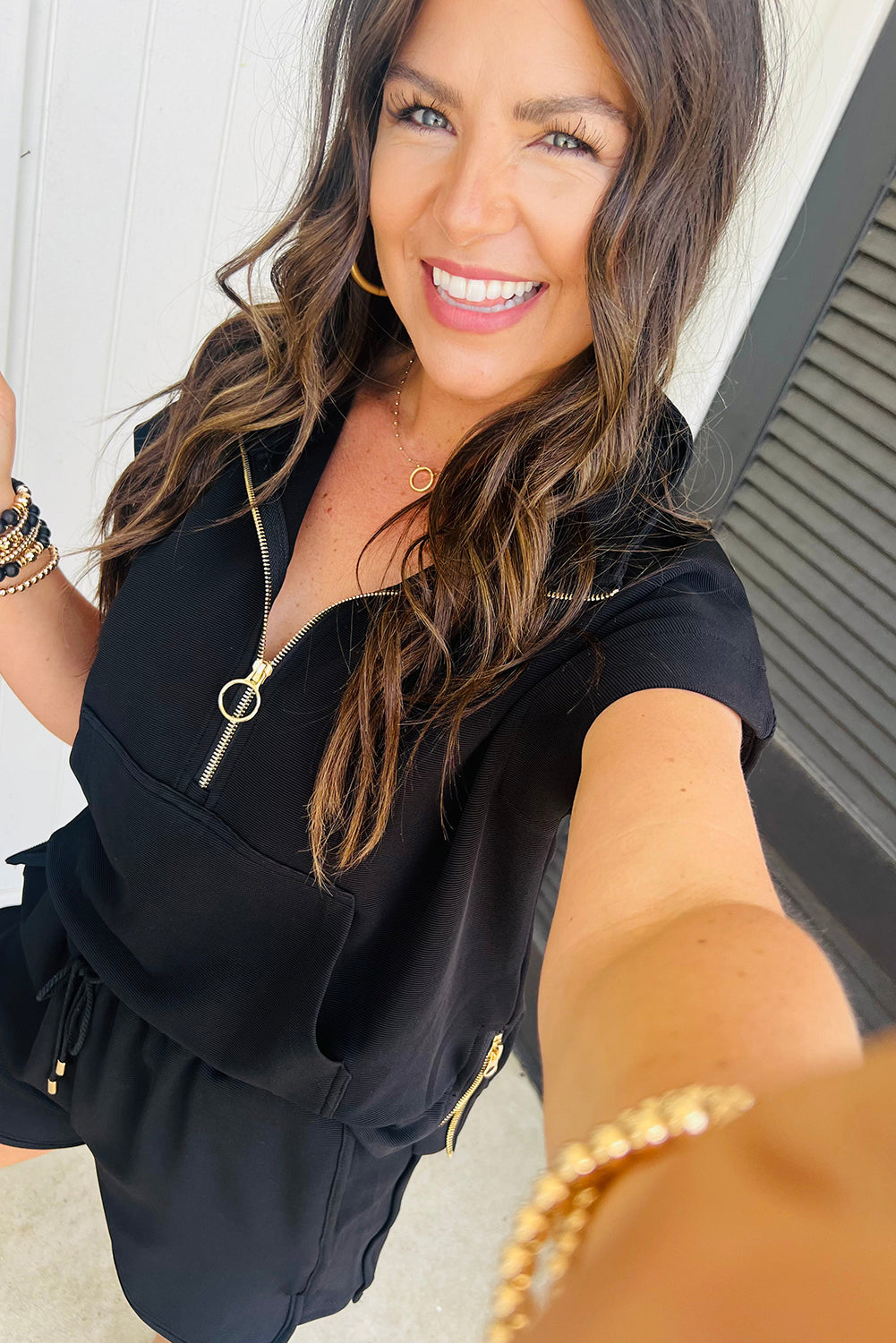 Black Textured Shorts Set