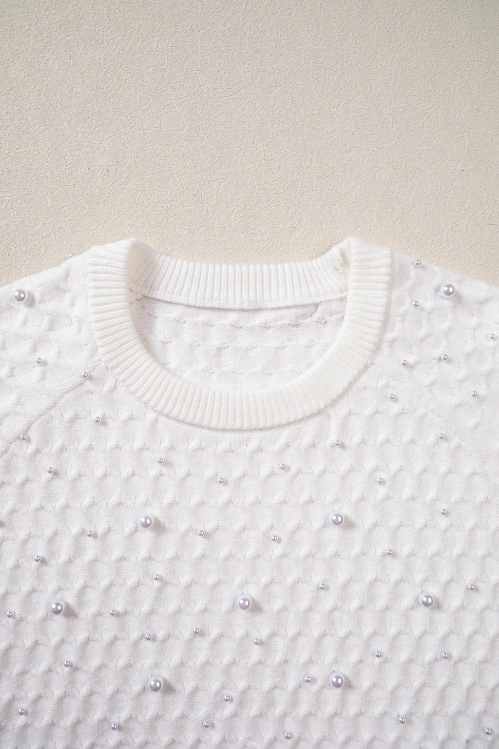 White Solid Textured Knit Pearl Embellished Pullover Sweater