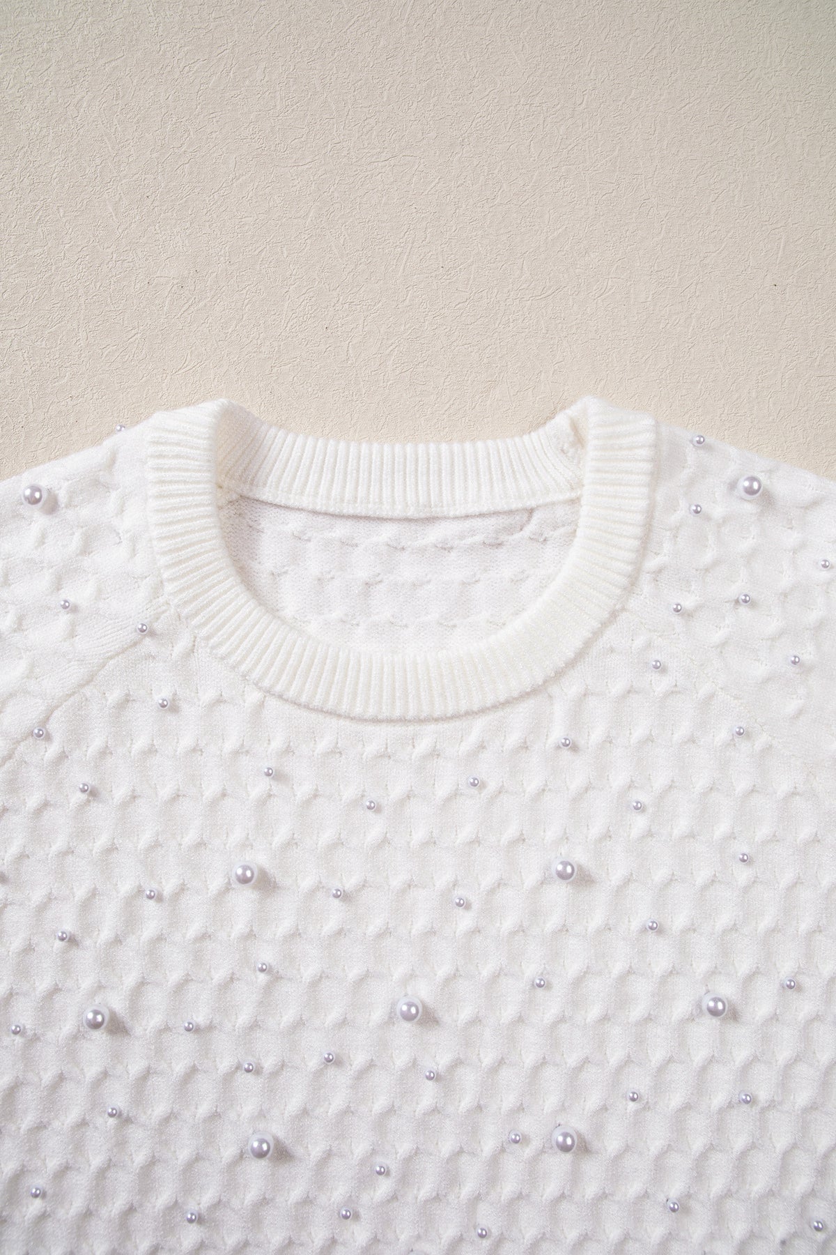 White Solid Textured Knit Pearl Embellished Pullover Sweater