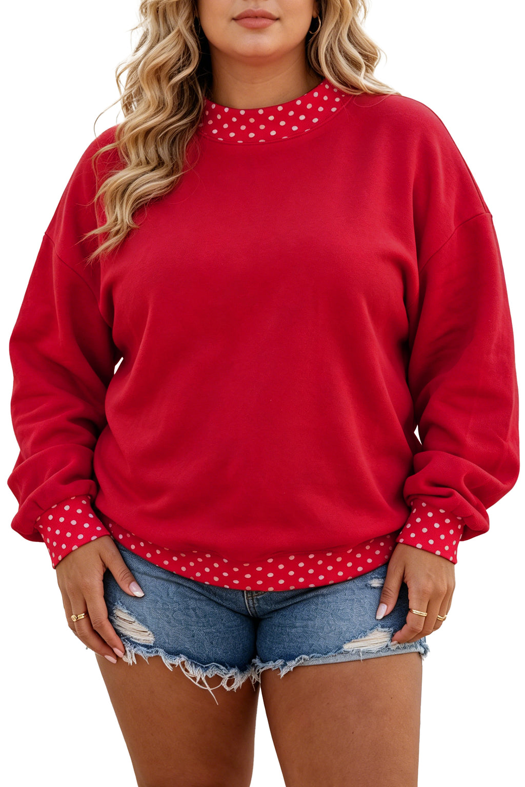 Dirty blue Polka Dot Patchwork Round Neck Plus Size Sweatshirt