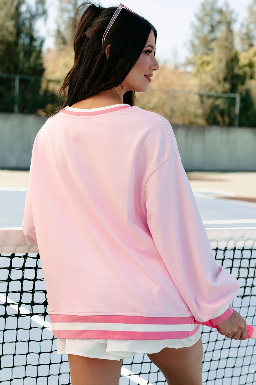Pink Embroidered Tennis Pullover Sweatshirt