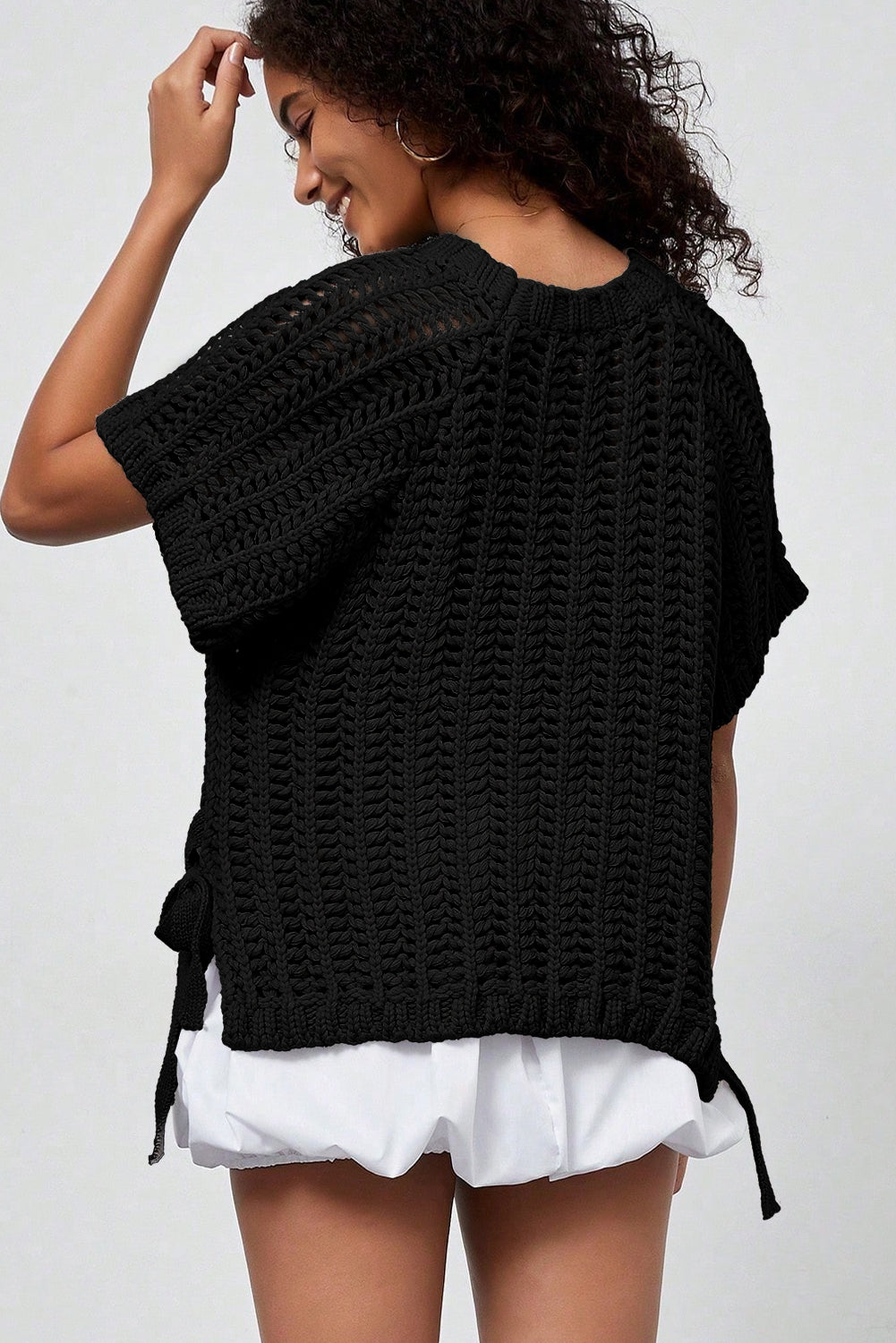 White Plus Size Open Knit Bow Tie Short Sleeve Sweater