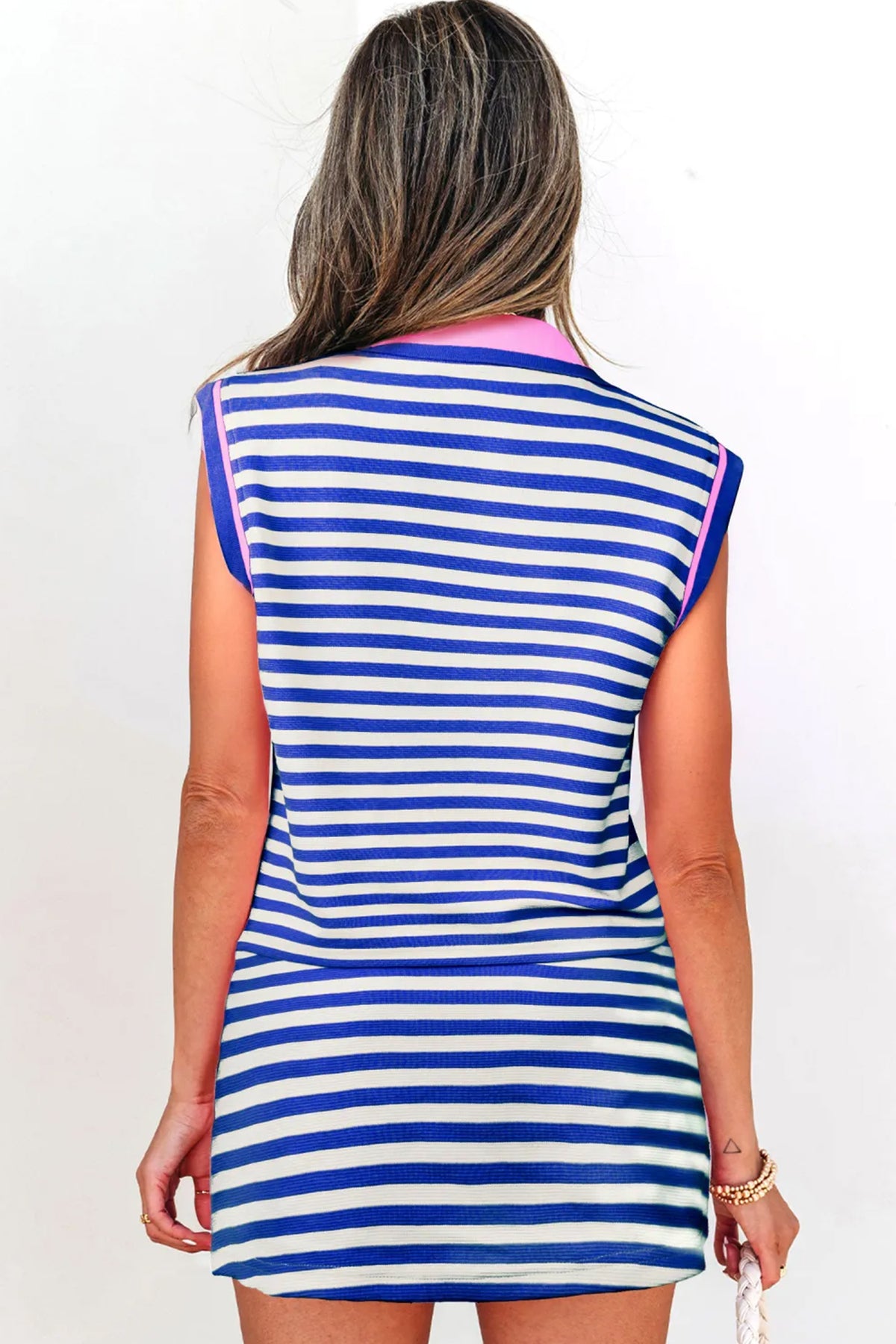 Sachet Pink Textured Stripe Print Contrast Trim Zip Collar Sleeveless 2pcs Skort Set
