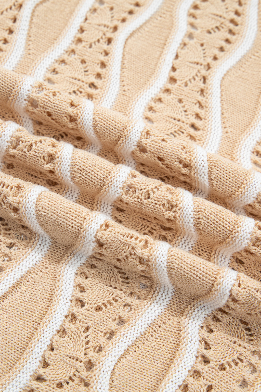 Pink Wavy Detail Hollow Out Knit Long Sleeve Cotton Pullover Sweater