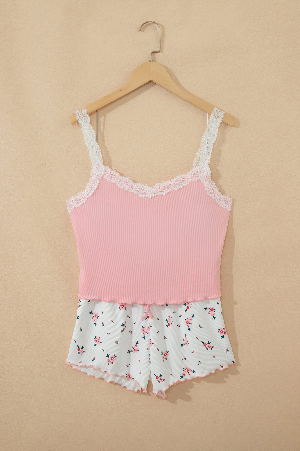 Pink Ribbed Knit Lace Straps Patchwork Lettuce Hem Cropped Top Floral Short Lounge Set