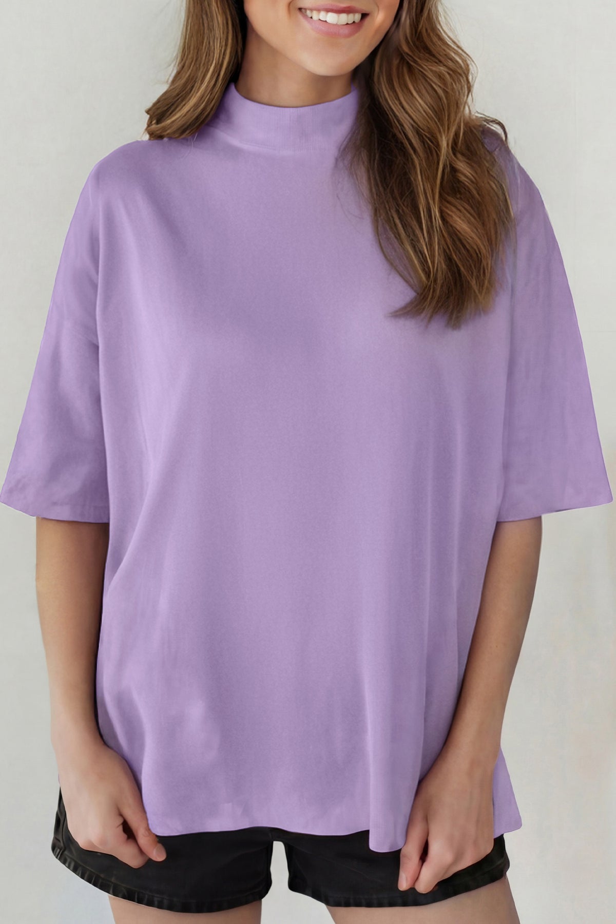 Pink Solid Color High Neck Oversize Tee