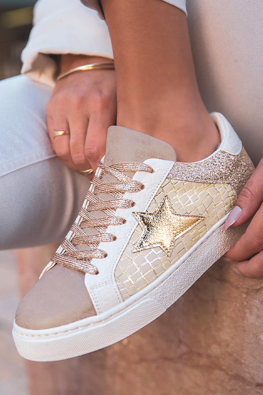 Rose Gold Glitter Star Patchwork PU Leather Lace-up Sneakers