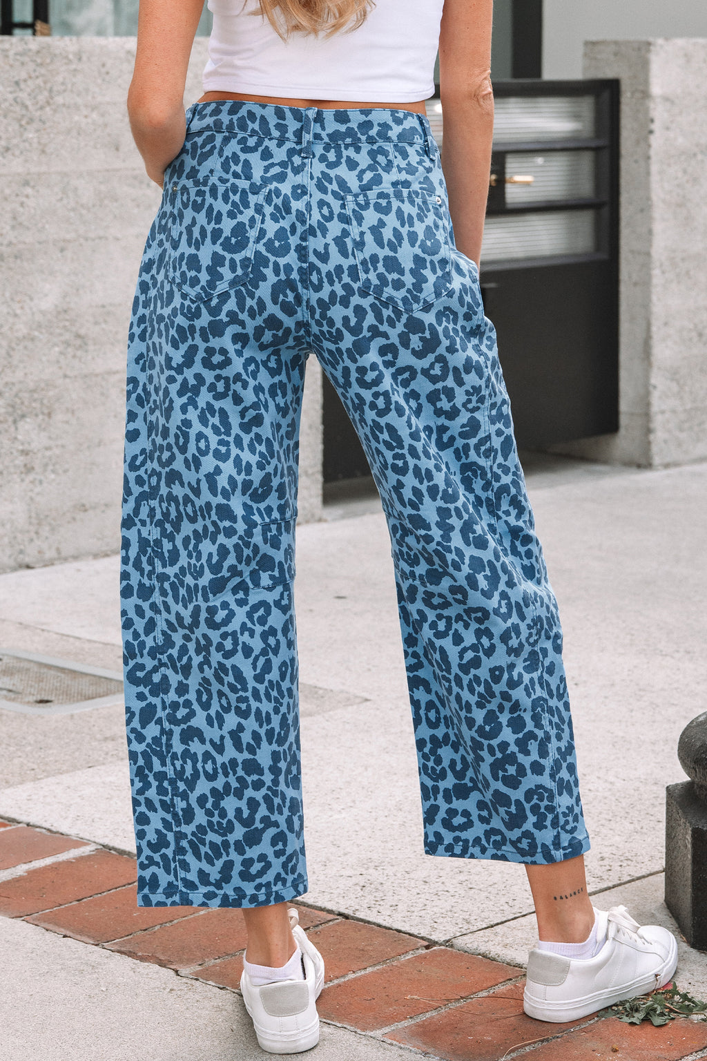 Sky Blue Leopard Print Barrel Leg Jeans