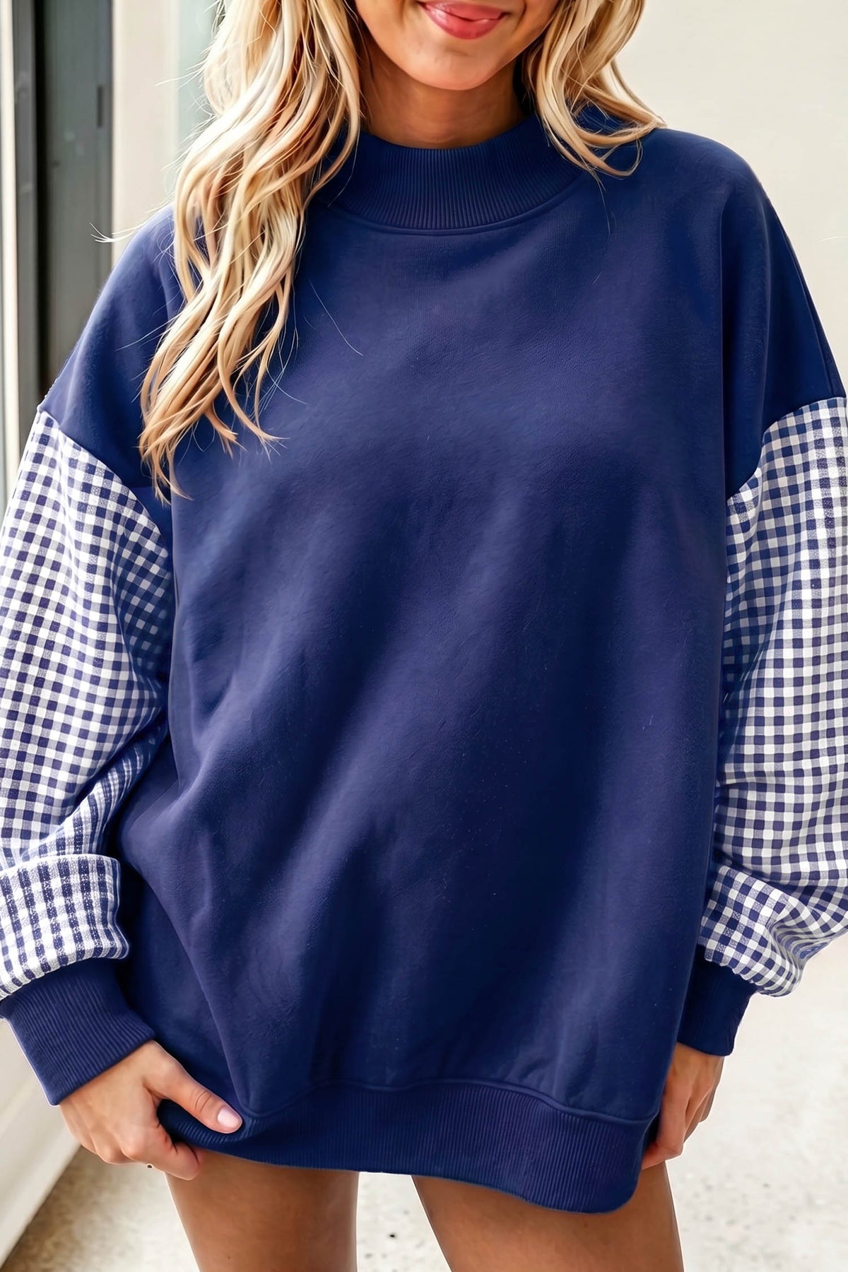 Russet Orange Plaid Sleeve Colorblock Loose Tunic Sweatshirt