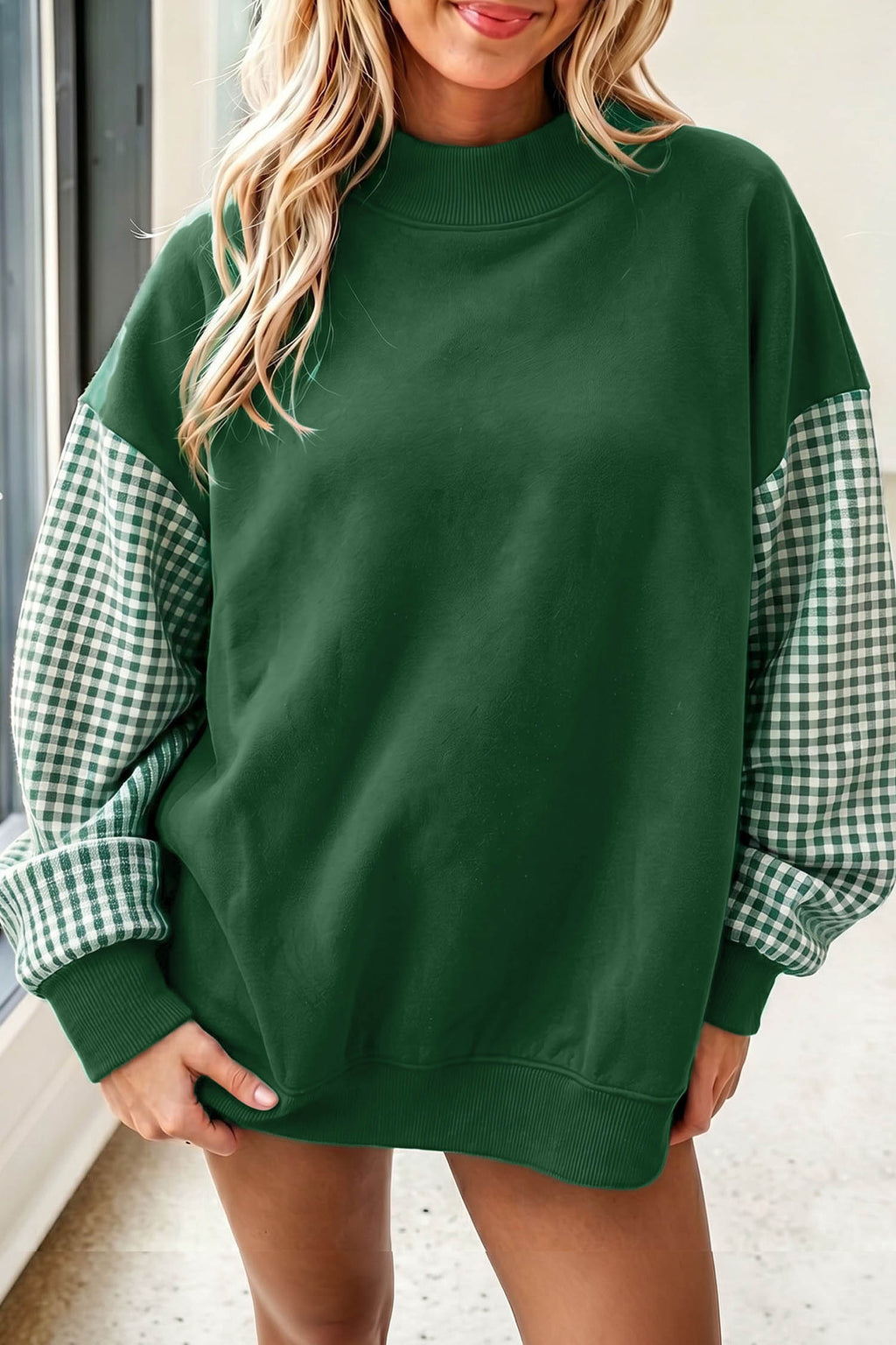 Russet Orange Plaid Sleeve Colorblock Loose Tunic Sweatshirt