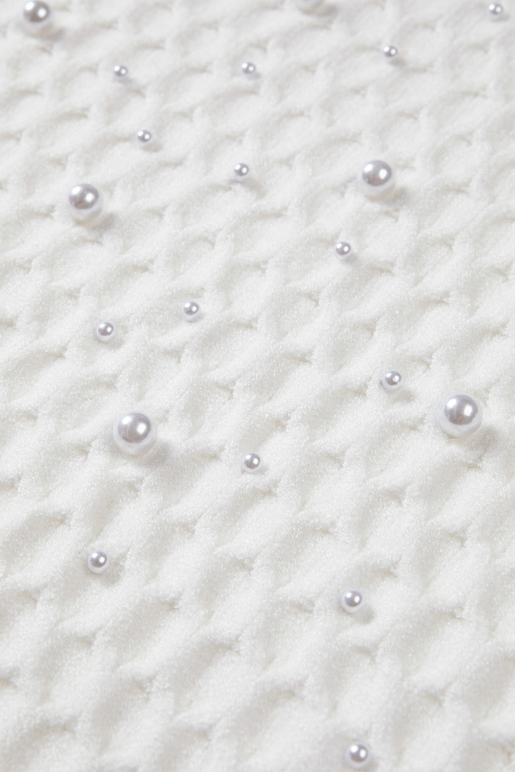 White Solid Textured Knit Pearl Embellished Pullover Sweater