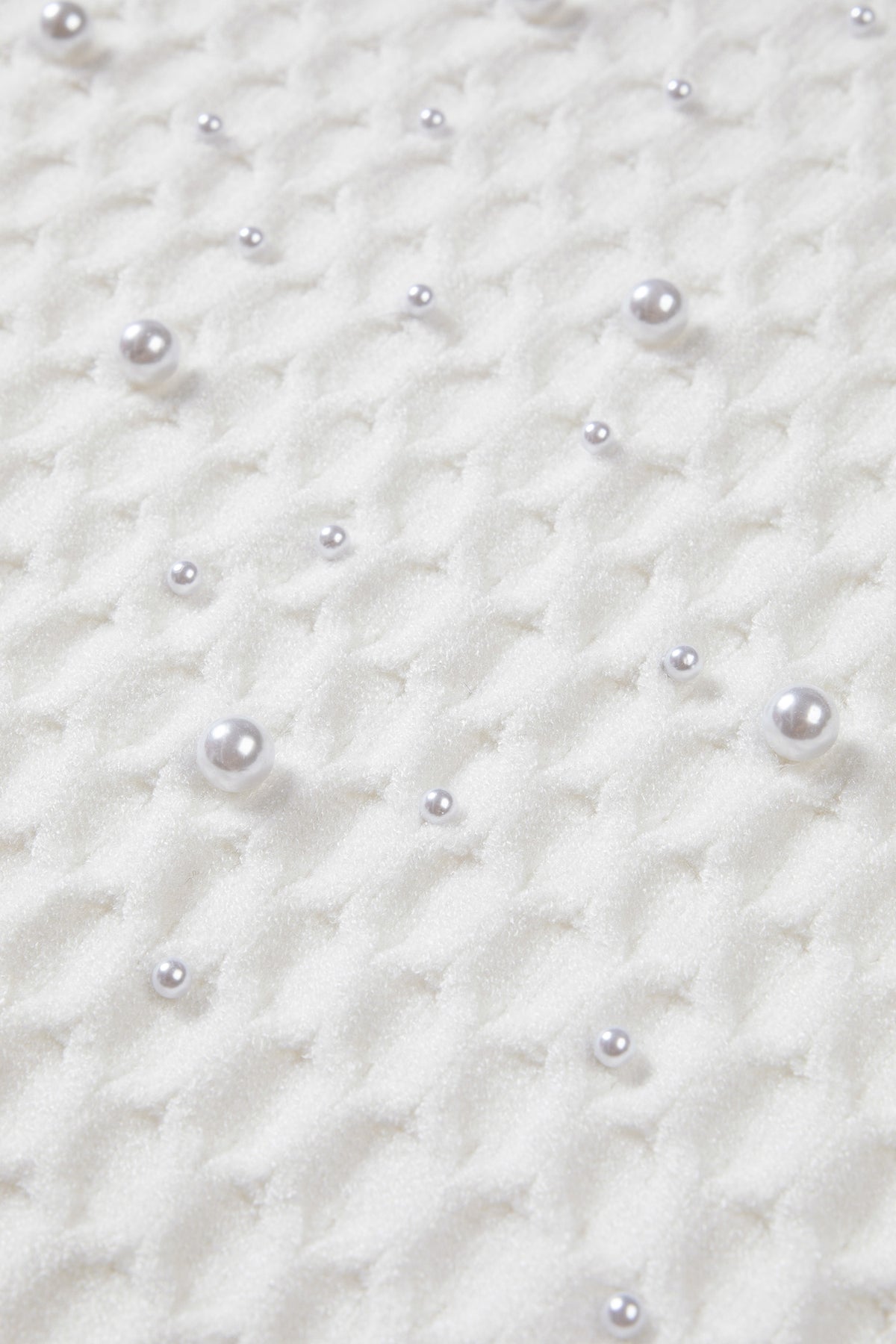 White Solid Textured Knit Pearl Embellished Pullover Sweater