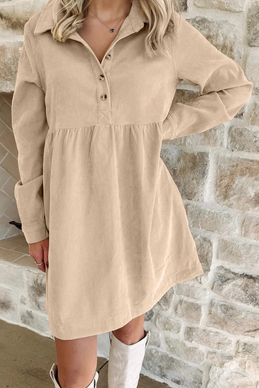 Black Corduroy Half Button Collared Long Sleeve Mini Dress