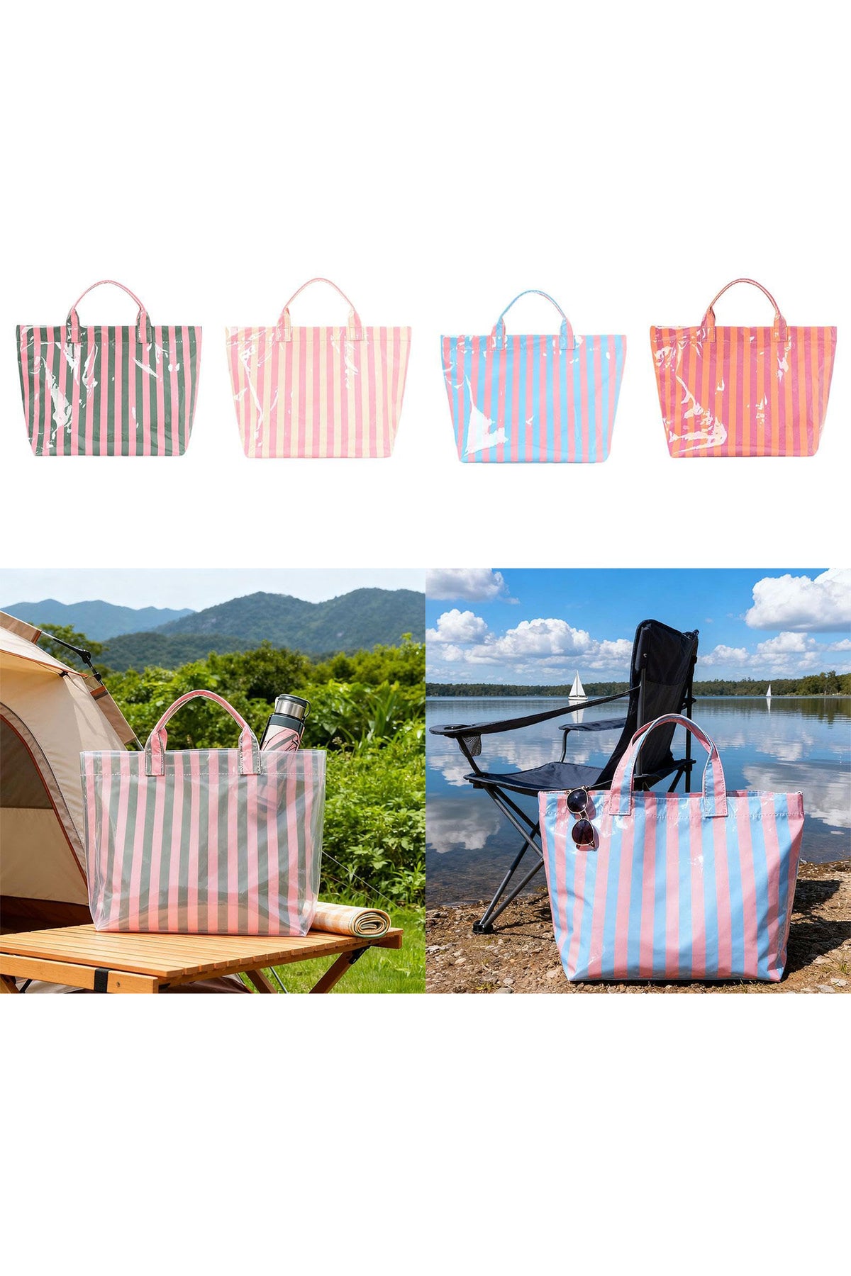 Pink Glossy Striped Vinyl Large Tote Bag (Color Varied)