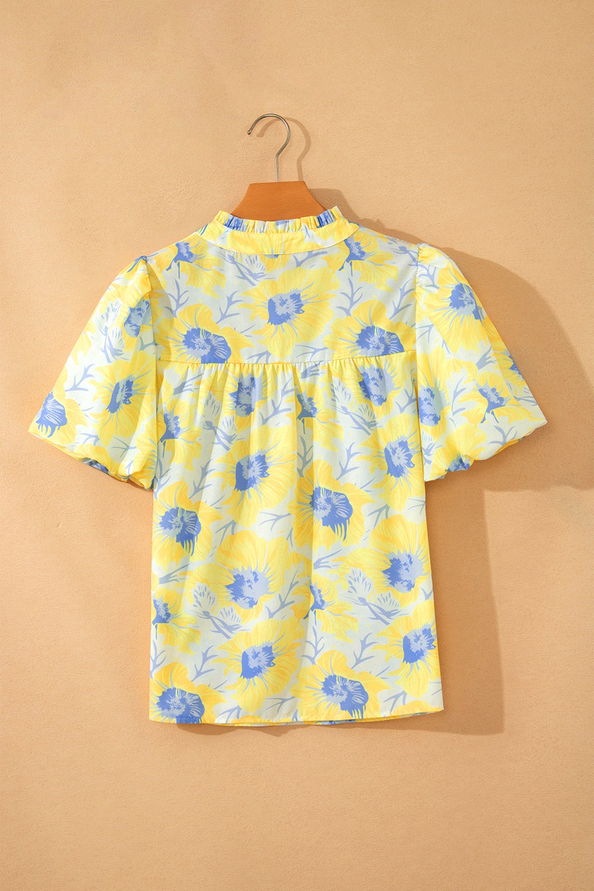 Pink Short Bubble Sleeve Summer Floral Blouse