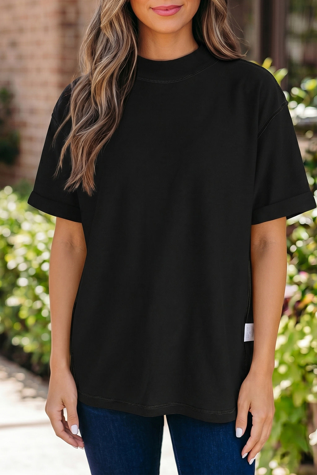 Pink Solid Color High Neck Oversize Tee