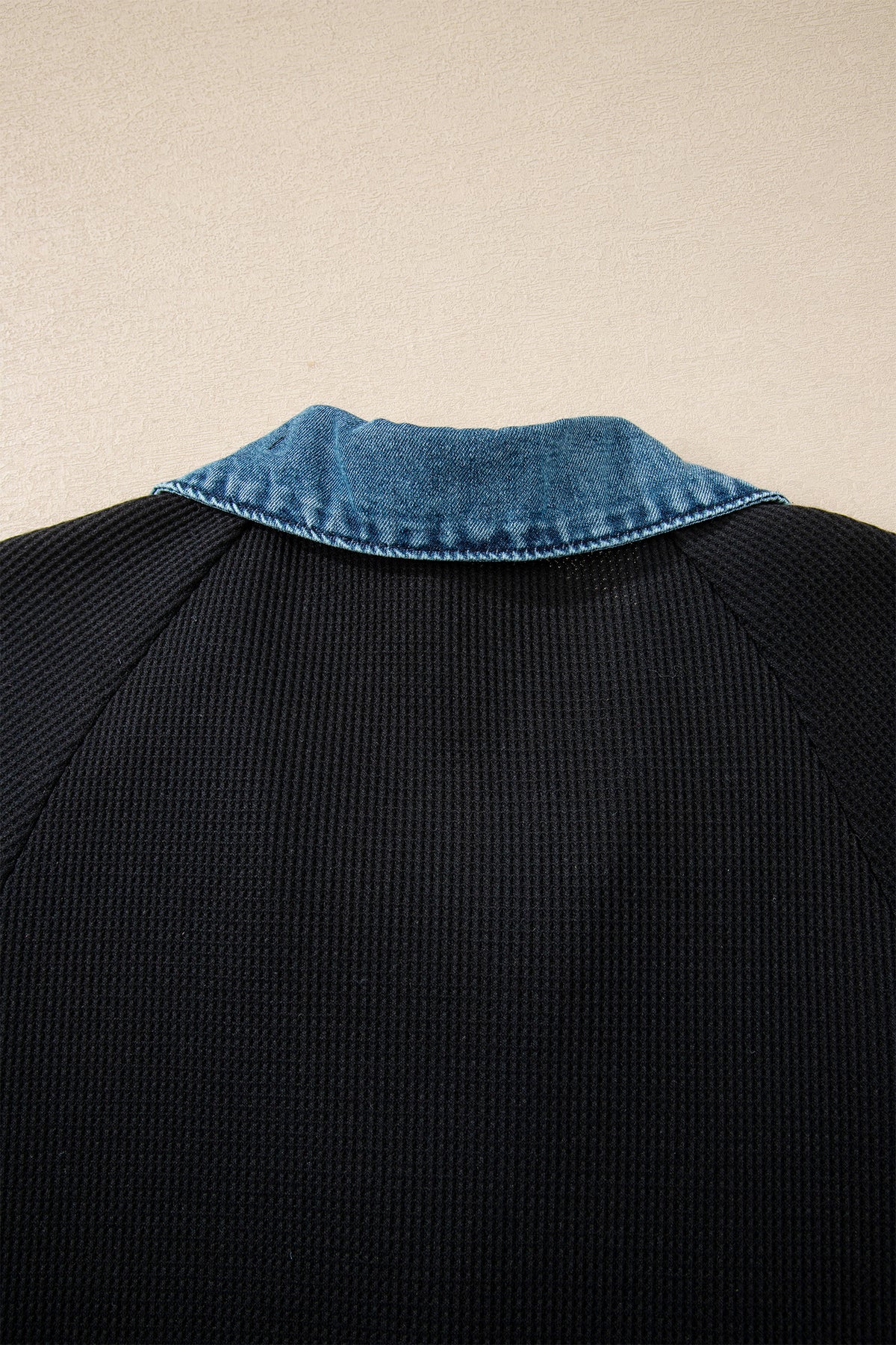 Black Waffle Knit Denim Contrast Trim Patchwork Button Polo Tee Dress