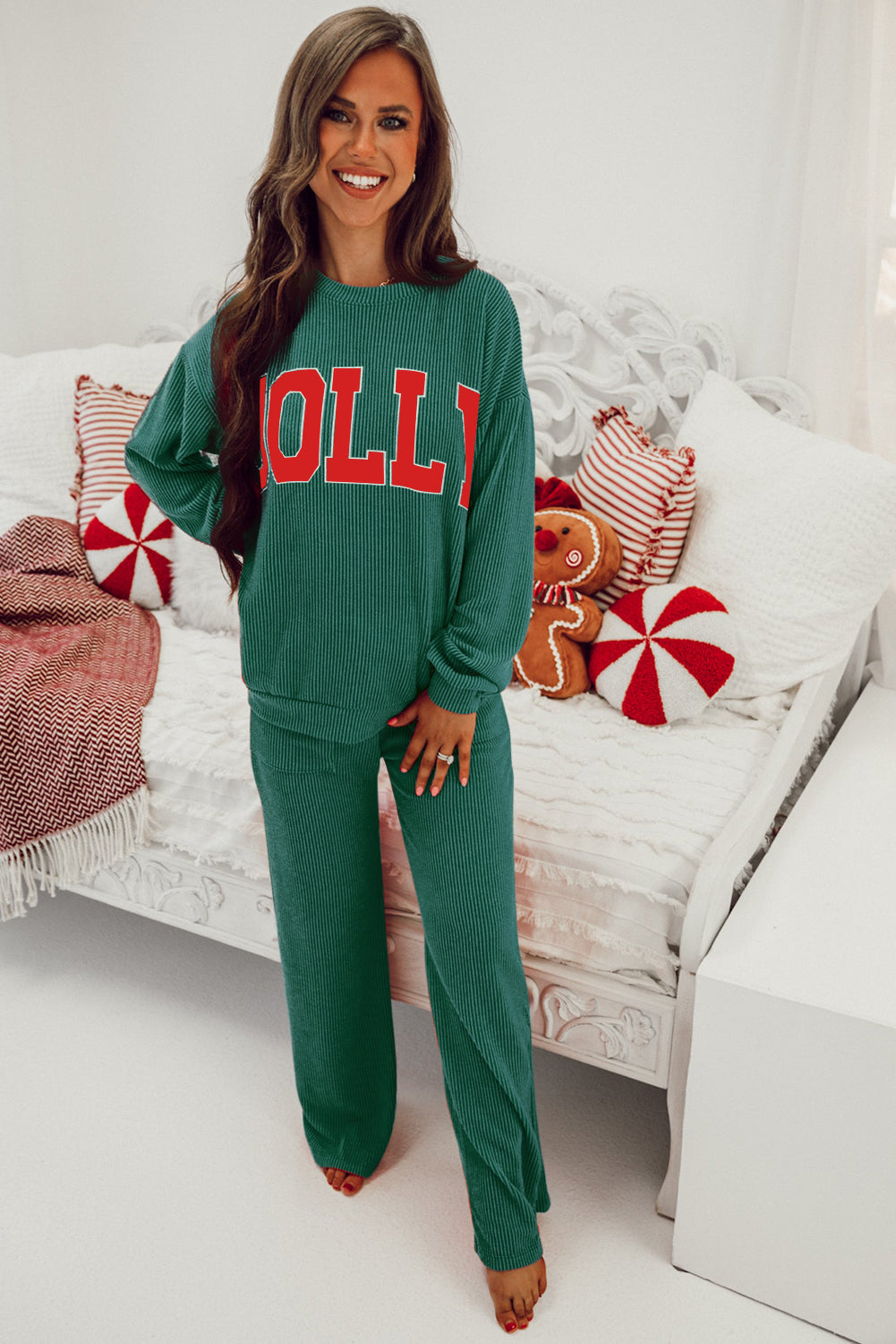 Green JOLLY Long Sleeve Top and Pockets Pants Set