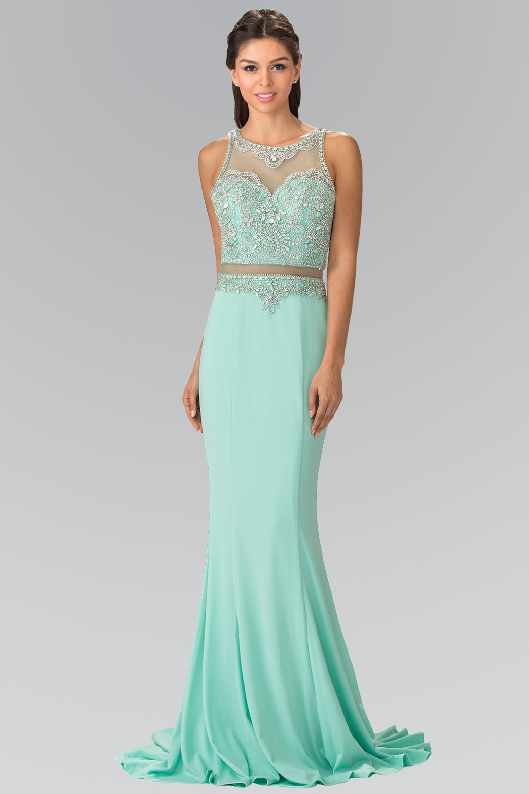 Mock Two-Piece with Beaded Top Long Prom Dress GLGL2342