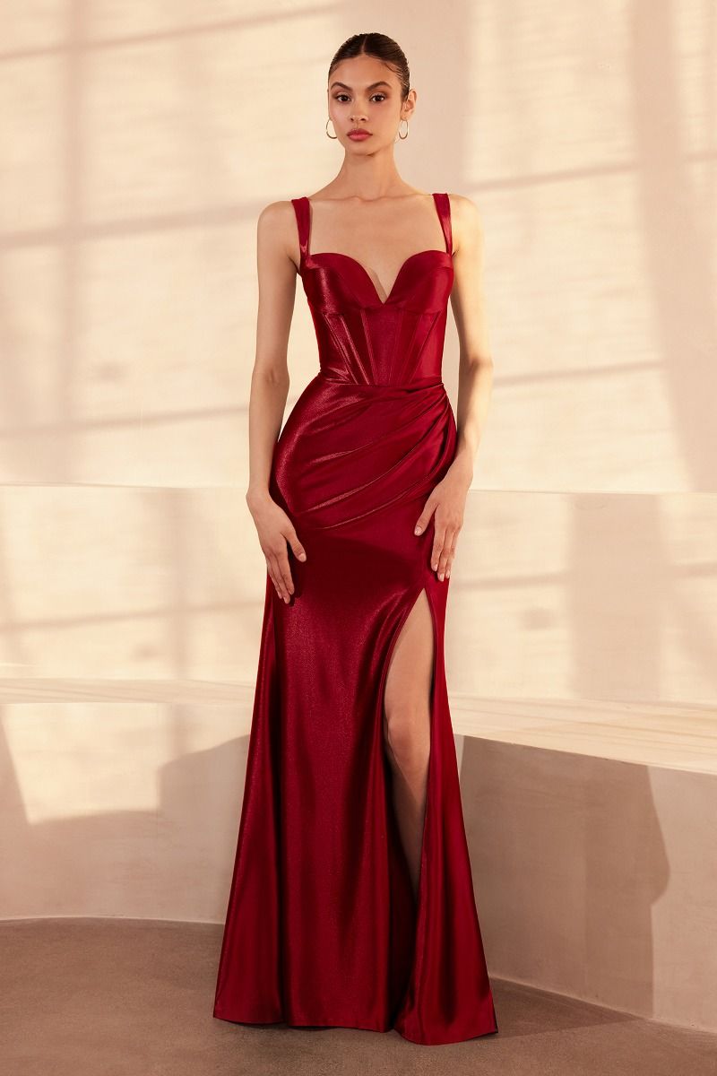 Soft Satin Sheath Evening Dress w/ Corset Bodice & Shiny Finish CDT813